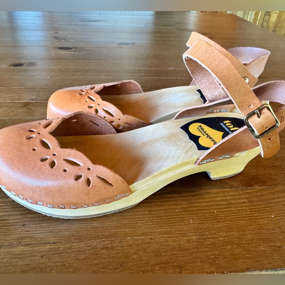 Swedish Hasbeens Tan Leather Mules
